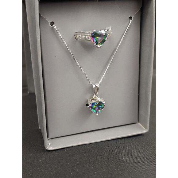 Sterling Silver Mystic Stone Heart Ring and Necklace Set Ring 7.5 Chain 18" - Picture 1 of 6